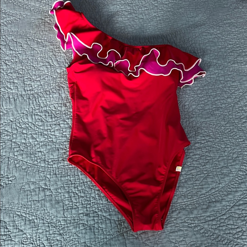 Summersalt Sidestroke Ruffle One-Shoulder Swimsuit in Red/Pink size 6